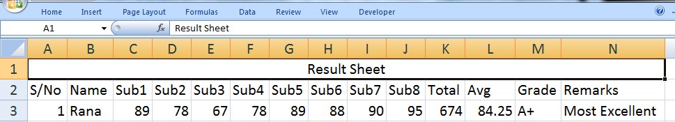 Result Sheet in Excel