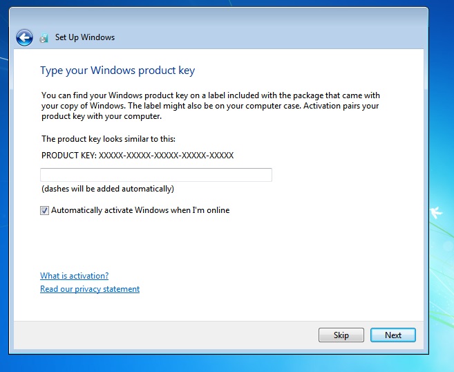 Windows 7 Product key page