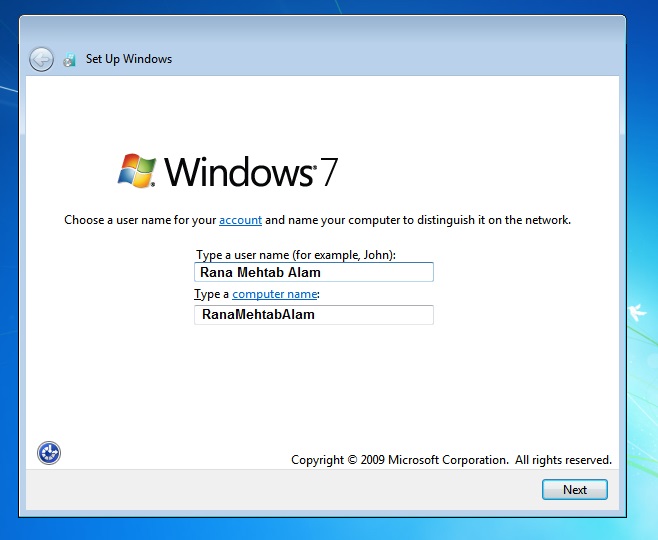 Windows 7 setup owner name