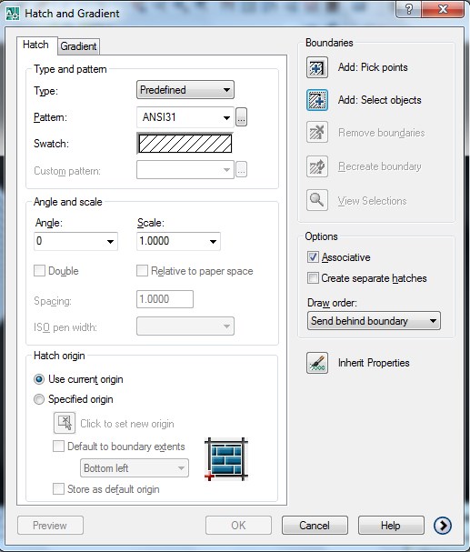 hatch and gradient window in AutoCAD