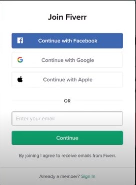 Fiverr Joining Screen 1