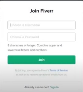 Fiverr Joining Screen 2 user name and password