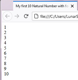 my first 10 natural number for loop javascript