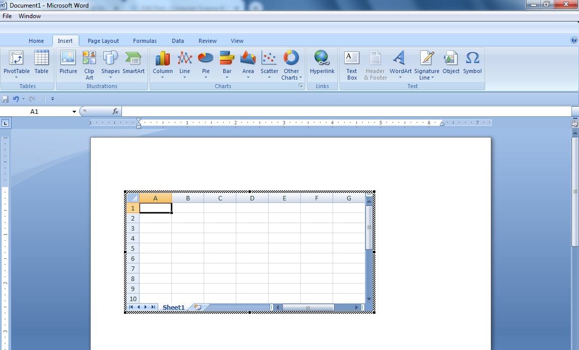 spreadsheet in winword